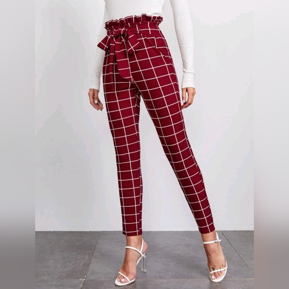 SHEIN Clasi Paperbag Waist Belted Grid Pants Size Large - Picture 5 of 6